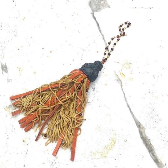Tan & Orange leather Fan Pull or furniture Tassel Pull with ornate gray top VTG - Picture 6 of 13